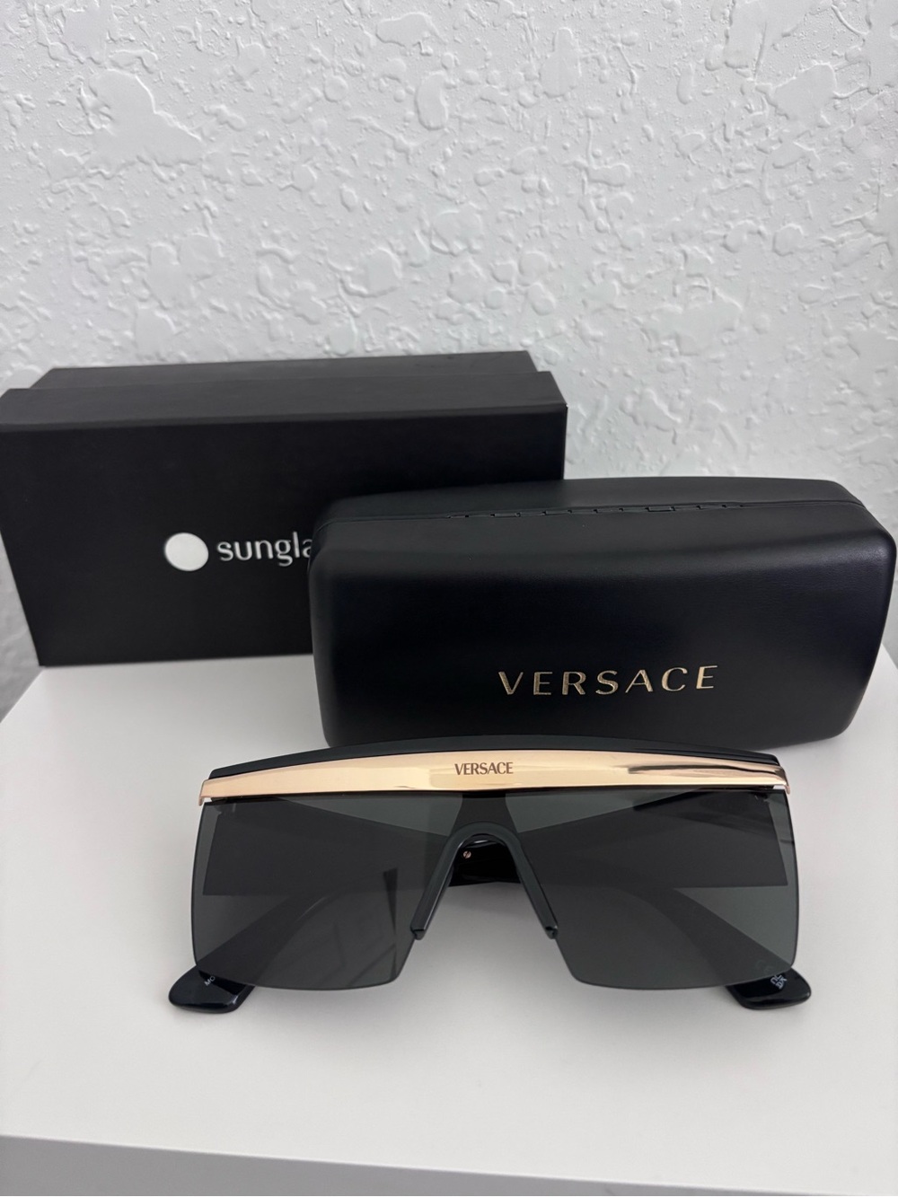 Versace Black Shield Sunglasses with Gold Brow Bar